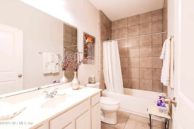 bathroom featuring tile patterned flooring, shower / bathtub combination with curtain, toilet, and vanity