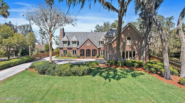 tudor house featuring driveway, a front lawn, a chimney, and fence