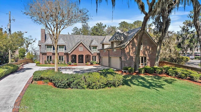 tudor house with driveway, a chimney, a front lawn, and brick siding