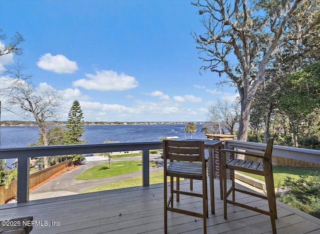 deck featuring a water view