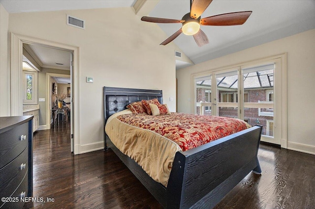 bedroom featuring dark wood-type flooring, visible vents, lofted ceiling with beams, and baseboards