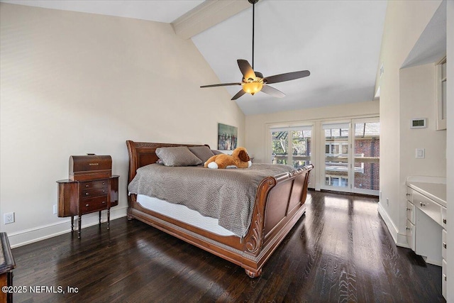 bedroom featuring ceiling fan, high vaulted ceiling, dark wood-type flooring, baseboards, and beam ceiling