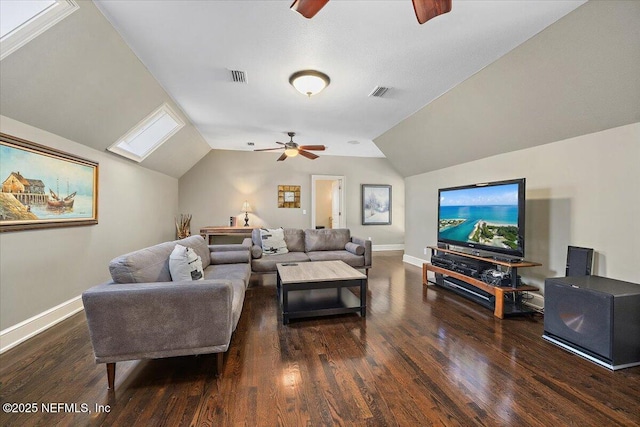 living room featuring vaulted ceiling, ceiling fan, dark wood-style floors, and visible vents