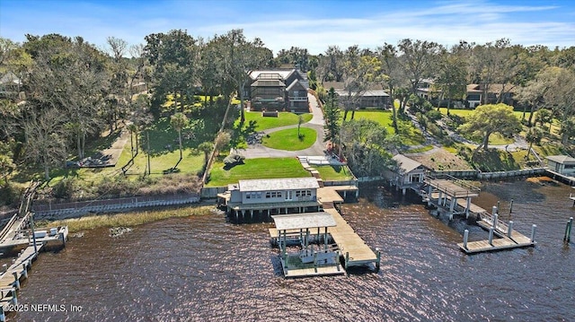 bird's eye view with a water view