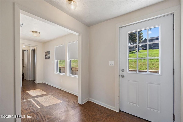 entryway with a healthy amount of sunlight, dark wood-style floors, baseboards, and a textured ceiling