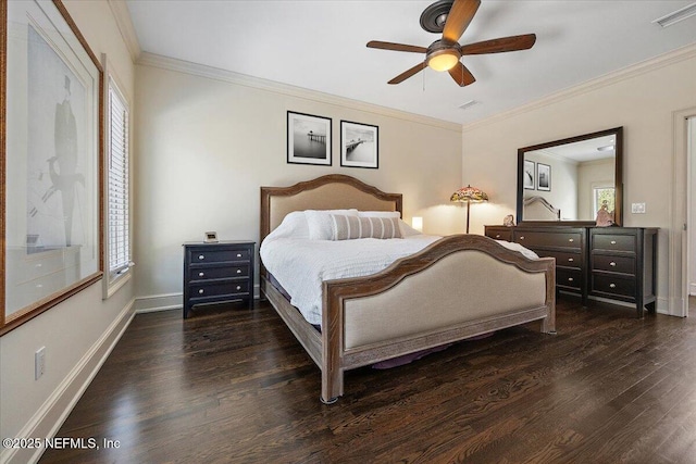 bedroom with baseboards, multiple windows, visible vents, and dark wood-style flooring