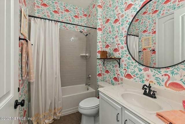 bathroom featuring shower / tub combo, wallpapered walls, tile patterned flooring, and vanity