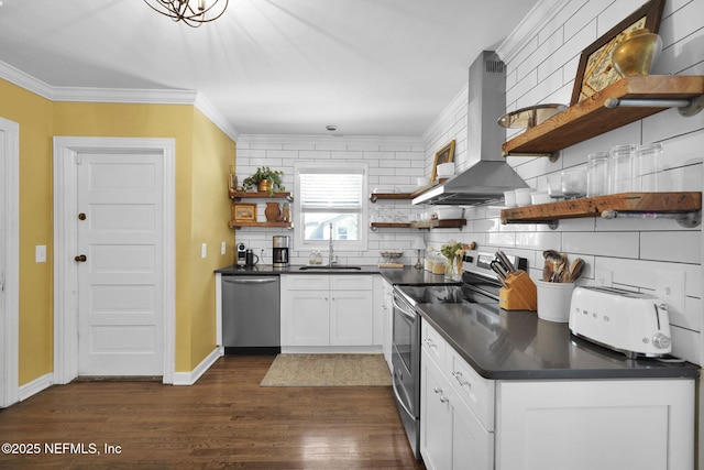 kitchen featuring island exhaust hood, open shelves, stainless steel appliances, dark countertops, and tasteful backsplash