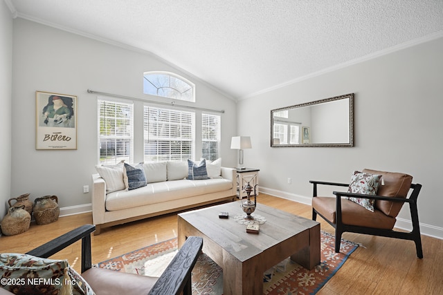 living room featuring lofted ceiling, a textured ceiling, wood finished floors, and crown molding