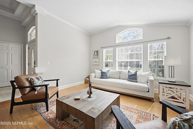 living area with light wood-style floors, ornamental molding, vaulted ceiling, a textured ceiling, and baseboards