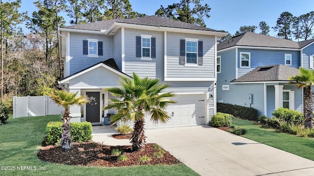 view of front of home featuring an attached garage, fence, concrete driveway, and a front yard