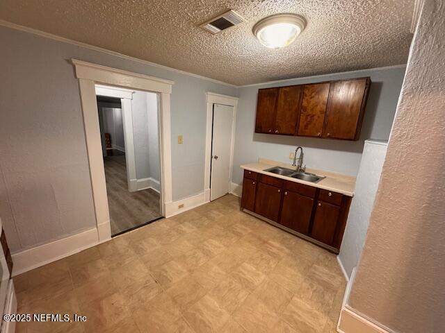 kitchen featuring crown molding, light countertops, a sink, and visible vents