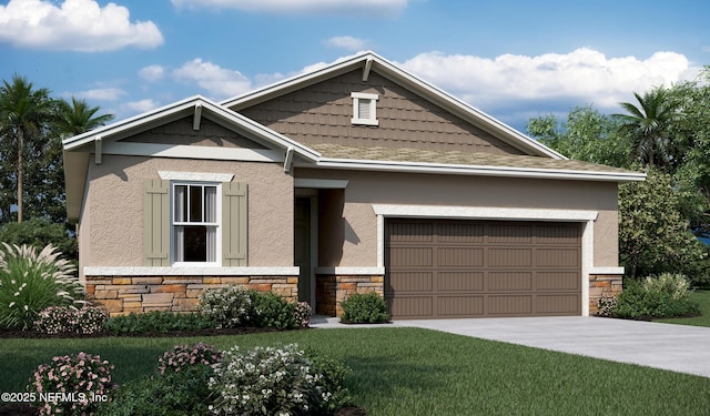 craftsman inspired home featuring driveway, stone siding, an attached garage, a front lawn, and stucco siding