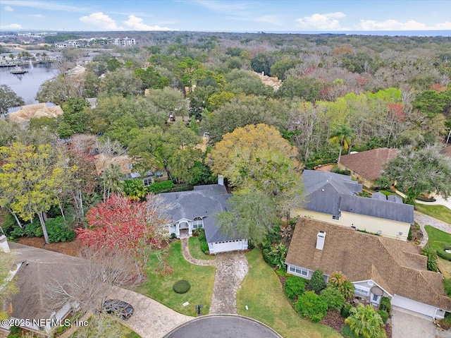 bird's eye view featuring a water view and a residential view