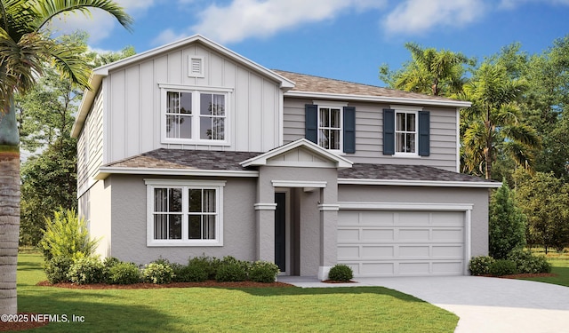 view of front of property featuring a garage, driveway, roof with shingles, a front lawn, and board and batten siding