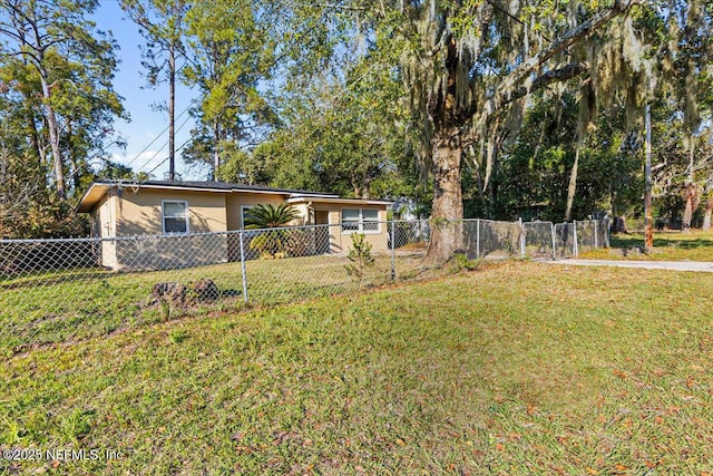 single story home with a front yard, stucco siding, and fence private yard