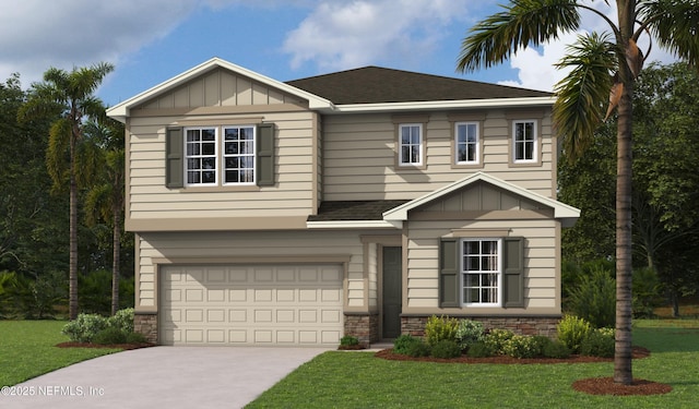 view of front of property featuring board and batten siding, stone siding, driveway, and a garage