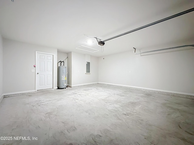 garage featuring electric panel, water heater, baseboards, and a garage door opener