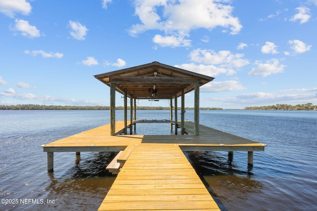 view of dock with a water view and boat lift