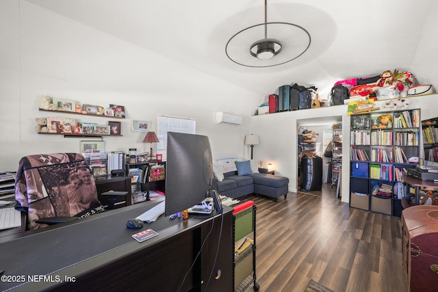 office featuring vaulted ceiling and dark wood finished floors