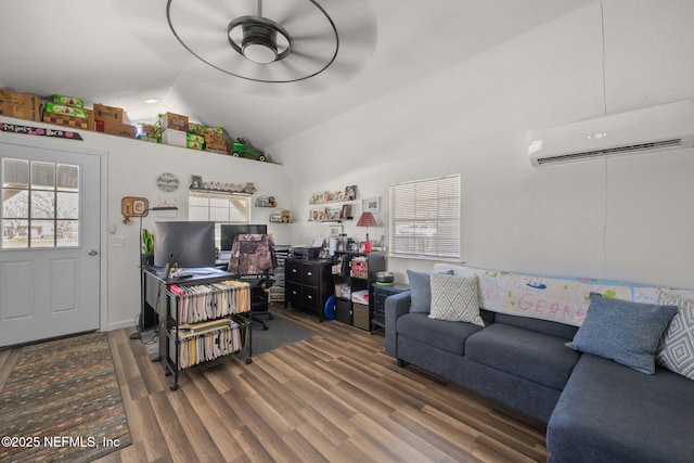 living room featuring a wealth of natural light, dark wood-style flooring, a wall unit AC, and vaulted ceiling