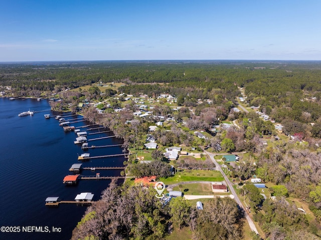 birds eye view of property featuring a water view and a view of trees