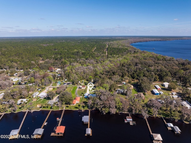 birds eye view of property featuring a water view and a wooded view