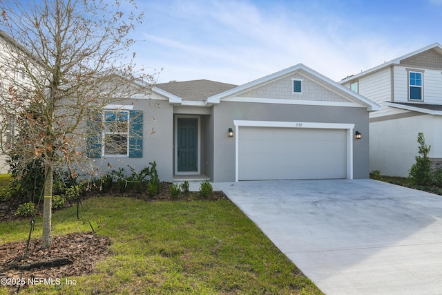 view of front of house with a garage, a shingled roof, driveway, stucco siding, and a front lawn