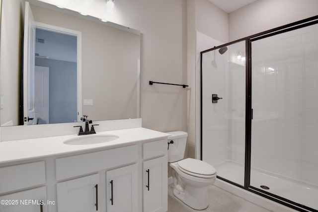 bathroom featuring visible vents, toilet, a shower stall, and vanity