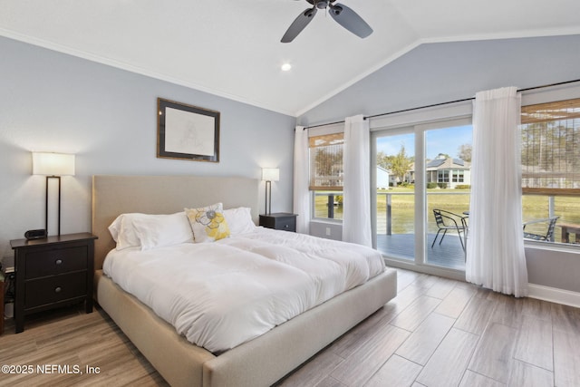 bedroom featuring lofted ceiling, ceiling fan, wood finished floors, access to exterior, and crown molding