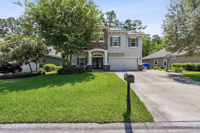 view of front facade featuring french doors, stucco siding, an attached garage, a front yard, and stone siding