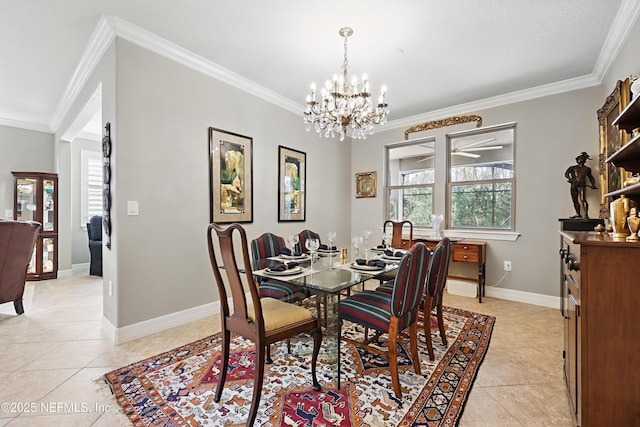 dining space featuring light tile patterned floors, ornamental molding, and a wealth of natural light