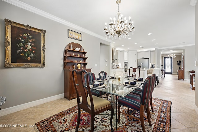 dining space featuring baseboards, ornamental molding, light tile patterned flooring, and an inviting chandelier