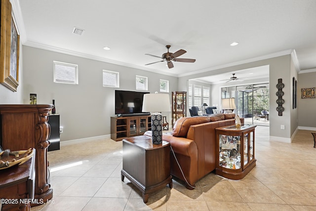 living room featuring light tile patterned floors, recessed lighting, visible vents, baseboards, and ornamental molding