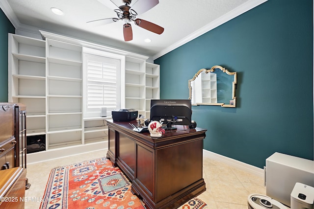 home office featuring light tile patterned floors, recessed lighting, ornamental molding, ceiling fan, and baseboards