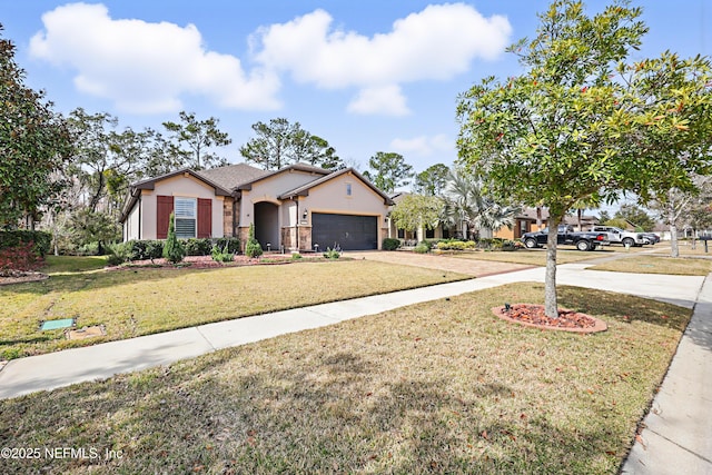 ranch-style house with a garage, driveway, a front lawn, and stucco siding