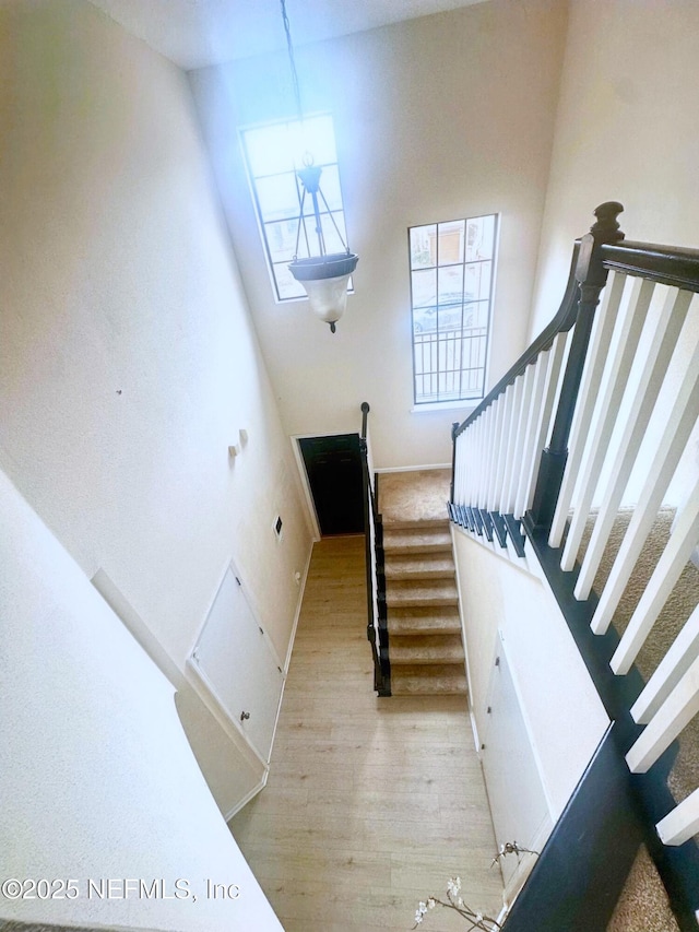 stairway featuring a towering ceiling and wood finished floors