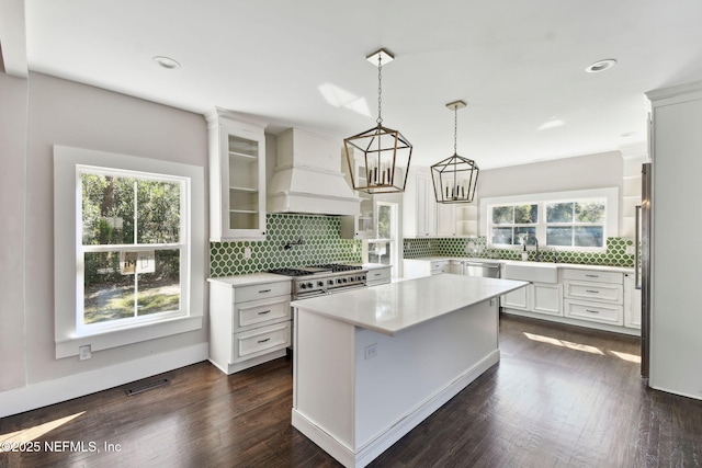 kitchen with appliances with stainless steel finishes, dark wood-style flooring, a center island, light countertops, and premium range hood