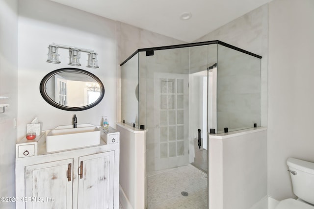 bathroom with vanity, a shower stall, and toilet