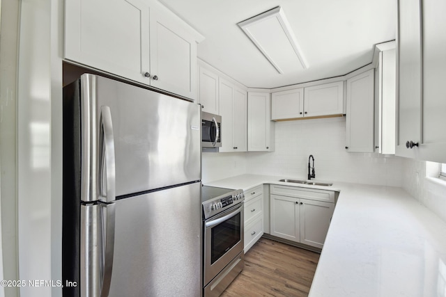 kitchen with tasteful backsplash, light countertops, light wood-style flooring, appliances with stainless steel finishes, and a sink