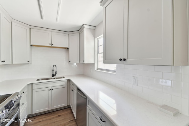 kitchen with decorative backsplash, stainless steel appliances, a sink, and wood finished floors