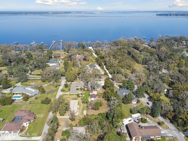 drone / aerial view featuring a water view