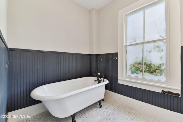 full bath with a wainscoted wall and a freestanding tub