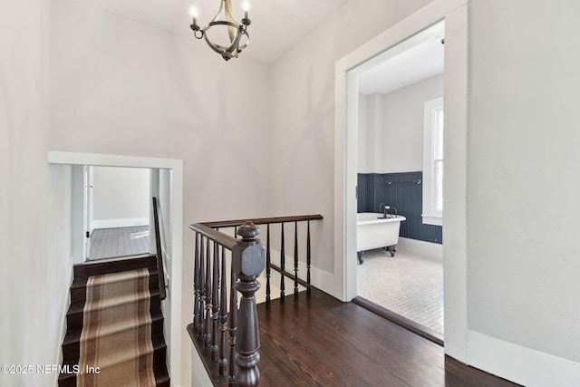 stairs featuring a chandelier and wood finished floors