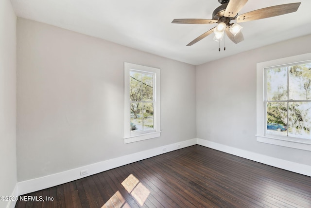 unfurnished room with dark wood-type flooring, ceiling fan, and baseboards