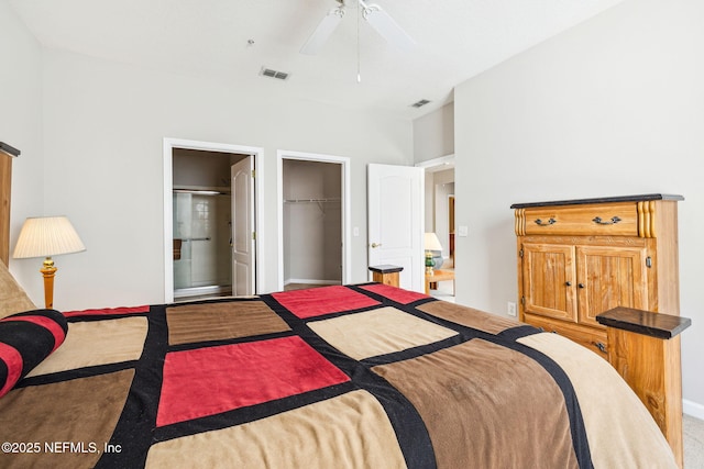 bedroom featuring ceiling fan, carpet, visible vents, and baseboards