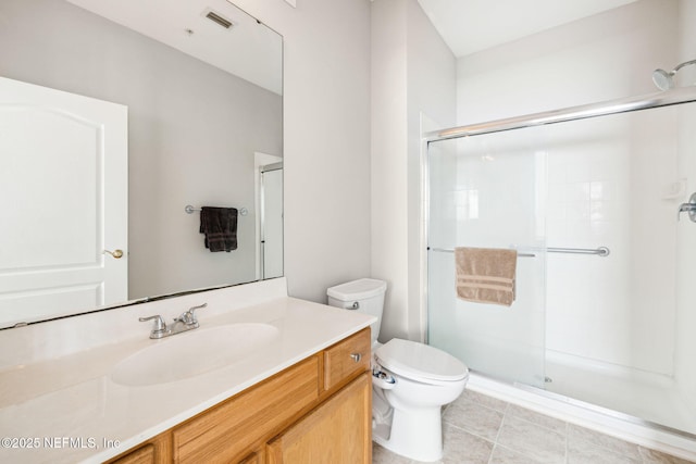 full bath featuring visible vents, a shower stall, and toilet