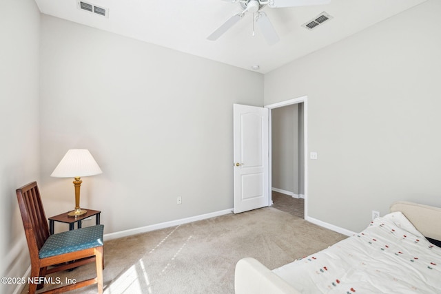 carpeted bedroom with baseboards, visible vents, and ceiling fan