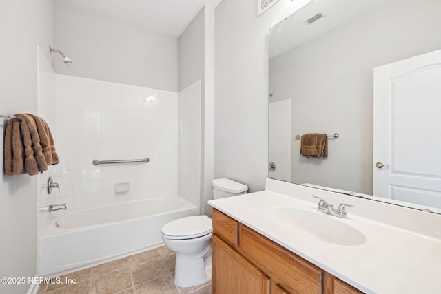 full bathroom with tile patterned flooring, toilet, vanity, visible vents, and tub / shower combination