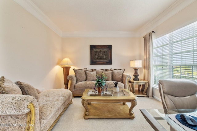 living area featuring carpet floors, ornamental molding, and baseboards